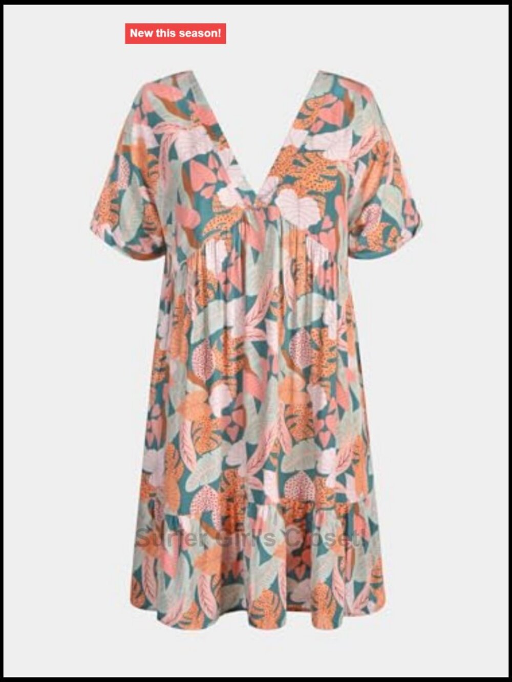 Tropical Ruffled Mini Dress V-Neck Short Sleeve Rayon A-Line Summer Casual - Picture 5 of 7